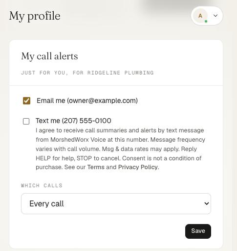 Screenshot of My profile, My call alerts card, with an unchecked box Text me (207) 555-0100 and the full consent wording