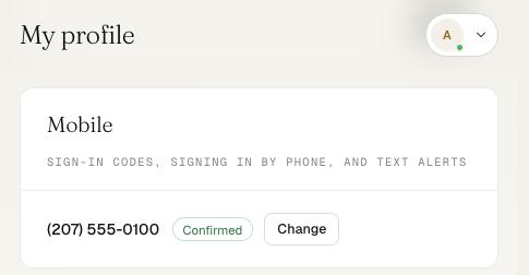 Screenshot of My profile, Mobile card, showing the number (207) 555-0100 marked Confirmed after a one-time code