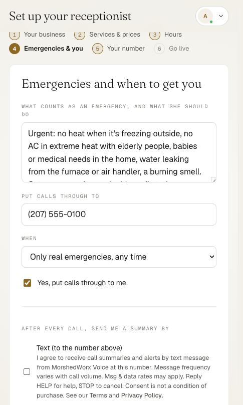 Screenshot of the setup wizard step Emergencies and when to get you, showing the owner's mobile number and an unchecked box: Text (to the number above), with the full consent wording